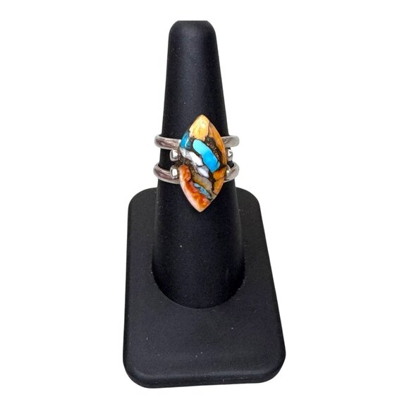 Southwestern Sterling Silver Marquise Inlay Ring Turquoise Spiny Oyster Shells 7 - Picture 2 of 9